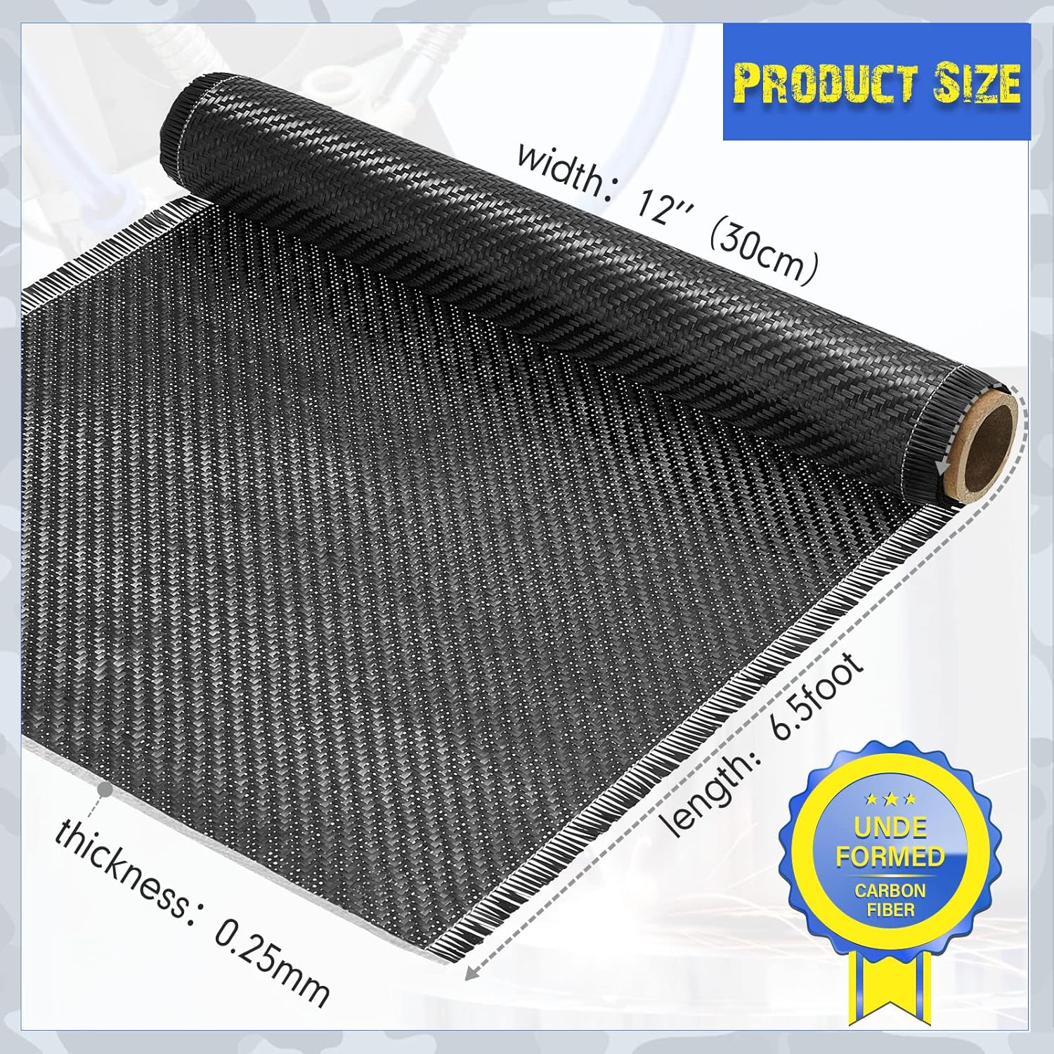 Jecery 6.5ft x 12 Carbon Fiber Fabric Roll Pure Fabric Carbon Fiber Sheet 2 x 2 Twill Weave 3k/220g for Cars for Structural Reinforcement on Concrete Walls, Basements, Boats (1 Roll)